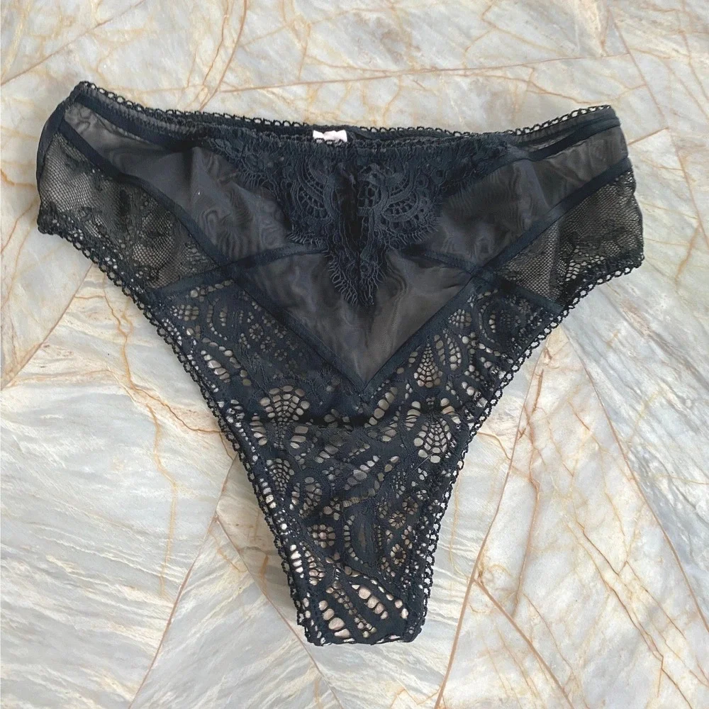 Victoria's Secret Black Lace Sheer Mesh Thong Panty Eyelash Trim Lingerie